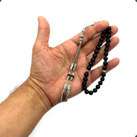 ALBATROSART -Black Agate Stone -8 mm -33 Beads - Worry Beads with Matching Stretch Ring - Elastic Ring with Replaceable Snap Button -Tesbih-Tasbih-Misbaha-Subha-Sibha-Rosary