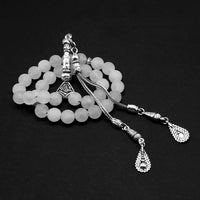 ALBATROSART - Simple Designed Natural Stone Worry Beads (8mm -33 Beads) - Prayer Beads Tesbih-Tasbih-Tasbeeh-Misbaha-Subha-Sebha-Sibha-Rosary (Natural White Jade Frosted Beads)