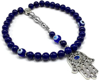 Evil Eye Collection Bracelet -Necklace - Keychain - Worry Beads - Prayer Beads -Komboloi - Begleri - Shawl - Hamsa (Lapis Lazuli Natural Stone & Evil Eye Hamsa Tassel -8 mm 33 Beads-)