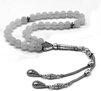 ALBATROSART - Simple Designed Natural Stone Worry Beads (8mm -33 Beads) - Prayer Beads Tesbih-Tasbih-Tasbeeh-Misbaha-Subha-Sebha-Sibha-Rosary (Natural White Jade Frosted Beads)