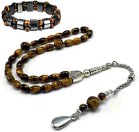 ALBATROSART -Elegance Collection- Prayer Beads-Tesbih-Tasbih-Tasbeeh-Misbaha-Masbaha-Subha-Sebha-Sibha-Rosary (Tiger Eye Natural Stone -6x9 mm 33 Oval Beads-Drop Tassel & Bracelet)