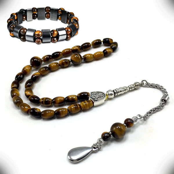 ALBATROSART -Elegance Collection- Prayer Beads-Tesbih-Tasbih-Tasbeeh-Misbaha-Masbaha-Subha-Sebha-Sibha-Rosary (Tiger Eye Natural Stone -6x9 mm 33 Oval Beads-Drop Tassel & Bracelet)