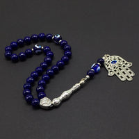 Evil Eye Collection Bracelet -Necklace - Keychain - Worry Beads - Prayer Beads -Komboloi - Begleri - Shawl - Hamsa (Lapis Lazuli Natural Stone & Evil Eye Hamsa Tassel -8 mm 33 Beads-)