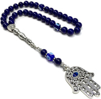 Evil Eye Collection Bracelet -Necklace - Keychain - Worry Beads - Prayer Beads -Komboloi - Begleri - Shawl - Hamsa (Lapis Lazuli Natural Stone & Evil Eye Hamsa Tassel -8 mm 33 Beads-)