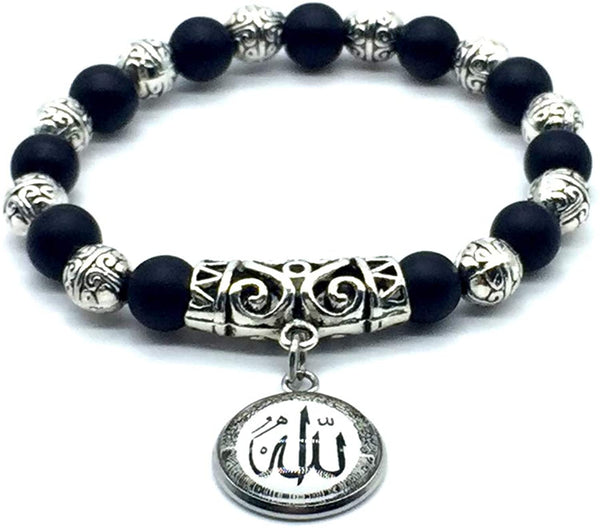 ALBATROSART - Elegant New Bracelet Series - (Ethnic Wallet Gift) (Black Matte Onyx-Silver Plated -8 mm- Beads Bracelet with Allah Pattern)