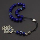 Greek KOMBOLOI Series Worry Beads Begleri Pony Anxiety Beads Rosary Relaxation Stress Relief  (Navy Blue Resin & Evil Eye Drum -13X9 mm- 19 Big Beads and Hamsa Tassel)