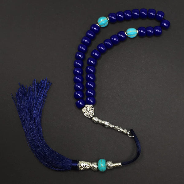 -Big Beads Series- Prayer Beads-Worry Beads-Tesbih-Tasbih-Tasbeeh-Misbaha-Masbaha-Subha-Sebha-Sibha-Rosary  (Navy Blue & Turquoise Resin Drum -13X9 mm- 33 Beads)