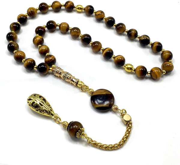 ALBATROSART Design -Tiger Eye Stone Series Worry Beads - Prayer Beads (8 mm-33 Beads) Tesbih-Tasbih-Tasbeeh-Misbaha-Masbaha-Subha-Sebha-Sibha-Rosary (Tiger Eye Stone-Gold Tassel)