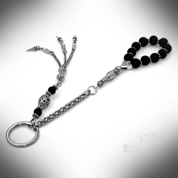 Black Onyx Worry Beads & Keychain Together -Stress Worry Beads - Tesbih-Tasbih (ETHNIC WALLET GIFT)