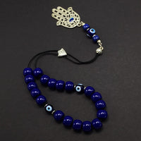 Greek KOMBOLOI Series Worry Beads Begleri Pony Anxiety Beads Rosary Relaxation Stress Relief  (Navy Blue Resin & Evil Eye Drum -13X9 mm- 19 Big Beads and Hamsa Tassel)