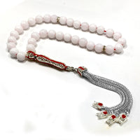 ALBATROSART -Elegance Collection- Prayer Beads-Tesbih-Tasbih-Tasbeeh-Misbaha-Masbaha-Subha-Sebha-Sibha-Rosary (White Jade with Zirconia Stone Silver Plated Tassel - Prayer Beads -8 mm, 33 Beads-)