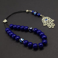 Greek KOMBOLOI Series Worry Beads Begleri Pony Anxiety Beads Rosary Relaxation Stress Relief  (Navy Blue Resin & Evil Eye Drum -13X9 mm- 19 Big Beads and Hamsa Tassel)