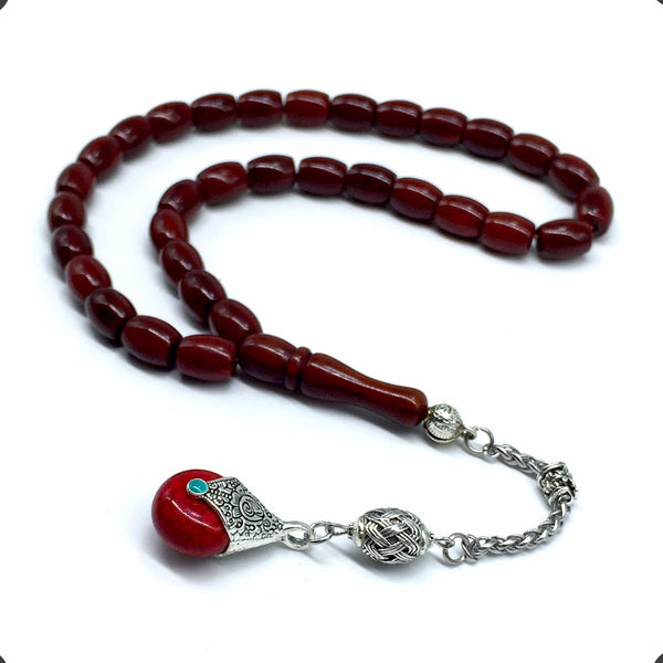 -FIRE Amber Collection- Prayer Beads-Worry Beads-Tesbih-Tasbih-Misbaha-Masbaha-Rosary (Burgundy Wavy -11x8 mm-33 Bakelite Beads)