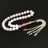 ALBATROSART -Elegance Collection- Prayer Beads-Tesbih-Tasbih-Tasbeeh-Misbaha-Masbaha-Subha-Sebha-Sibha-Rosary (White Jade with Zirconia Stone Silver Plated Tassel - Prayer Beads -8 mm, 33 Beads-)