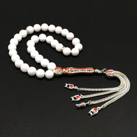 ALBATROSART -Elegance Collection- Prayer Beads-Tesbih-Tasbih-Tasbeeh-Misbaha-Masbaha-Subha-Sebha-Sibha-Rosary (White Jade with Zirconia Stone Silver Plated Tassel - Prayer Beads -8 mm, 33 Beads-)