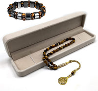 Tiger Eye Natural Stone Prayer Beads-Tesbih-Tasbih-Tasbeeh-Misbaha-Masbaha-Subha-Sebha-Sibha-Rosary (Tiger Eye Natural Stone -6x9 mm 33 Oval Beads- Allah Tassel & Bracelet)