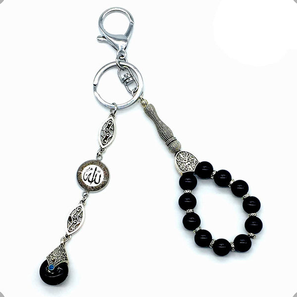 Allah Patterned Handmade Keychain & Rosary Collection- Key Chain-Car Key Chain-Handbags Holder-Worry Beads-Prayer Beads-Tesbih-Tasbih-Tasbeeh-Masbaha (10 mm-Black Beads)