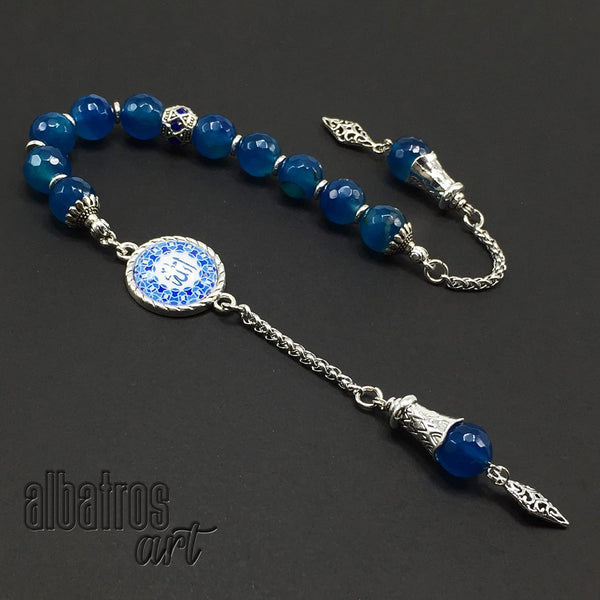 -Zaza Collection- Zaza Stress Worry Beads-Prayer Beads-Tesbih-Tasbih-Tasbeeh-Misbaha-Masbaha-Subha-Rosary (-Faceted Blue Agate Natural Stone -12 mm- Beads-)