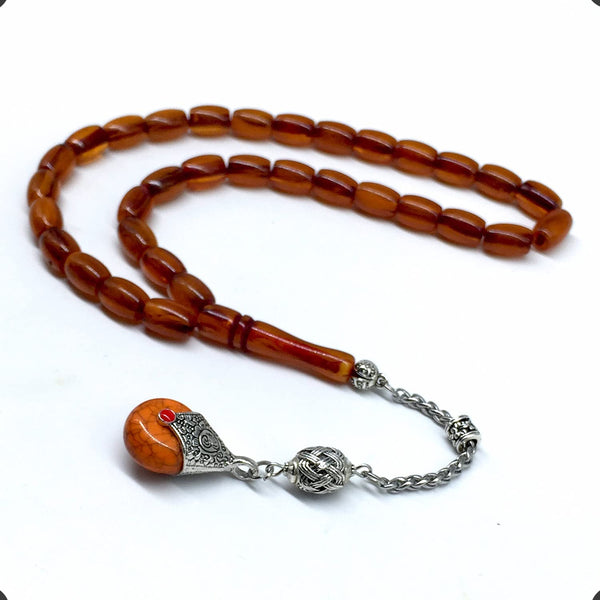 -FIRE Amber Collection- Prayer Beads-Worry Beads-Tesbih-Tasbih-Misbaha-Masbaha-Rosary (Dark Yellow Wavy Transparent -11x8 mm-33 Bakelite Beads)