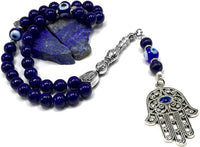 Evil Eye Collection Bracelet -Necklace - Keychain - Worry Beads - Prayer Beads -Komboloi - Begleri - Shawl - Hamsa (Lapis Lazuli Natural Stone & Evil Eye Hamsa Tassel -8 mm 33 Beads-)