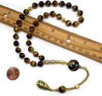 ALBATROSART Design -Tiger Eye Stone Series Worry Beads - Prayer Beads (8 mm-33 Beads) Tesbih-Tasbih-Tasbeeh-Misbaha-Masbaha-Subha-Sebha-Sibha-Rosary (Orient Gold Tassel and Tiger Eye Bracelet)