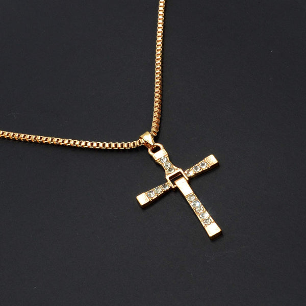 Rhinestone Gold Yellow Plated Cross Necklace