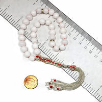 ALBATROSART -Elegance Collection- Prayer Beads-Tesbih-Tasbih-Tasbeeh-Misbaha-Masbaha-Subha-Sebha-Sibha-Rosary (White Jade with Zirconia Stone Silver Plated Tassel - Prayer Beads -8 mm, 33 Beads-)