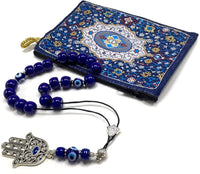 Greek KOMBOLOI Series Worry Beads Begleri Pony Anxiety Beads Rosary Relaxation Stress Relief  (Navy Blue Resin & Evil Eye Drum -13X9 mm- 19 Big Beads and Hamsa Tassel)