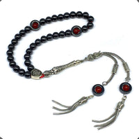 ALBATROSART Design - Long & Stylist Tassels Worry Beads - Prayer Beads (8 mm-33 Beads) Tesbih-Tasbih-Tasbeeh-Misbaha-Subha-Sebha-Sibha-Rosary (Hematite with Red Agate)