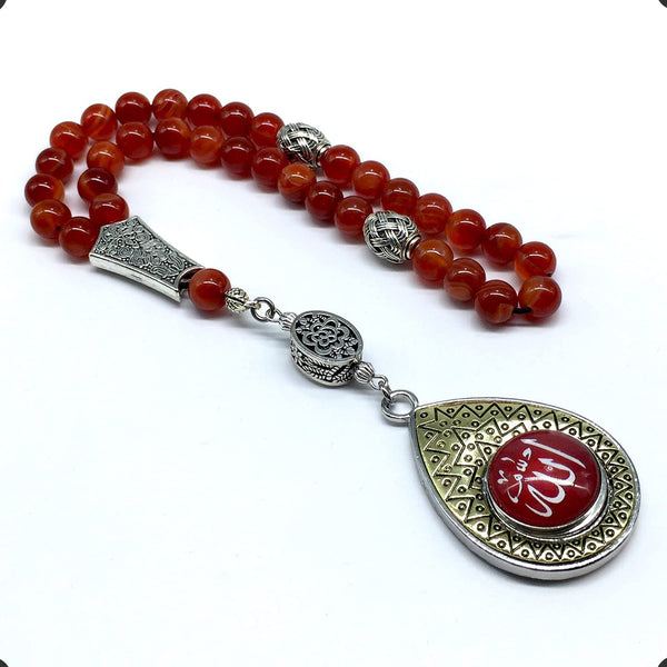 -Orient Collection-Prayer Beads-Worry Beads-Tesbih-Tasbih-Tasbeeh-Misbaha-Masbaha-Subha-Rosary (Red Lace Agate Natural Stone-Allah Tassel -8mm 33 Beads)