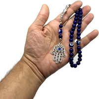 Handmade Special Evil Eye Beaded Collection Worry Beads - Prayer Beads Tesbih-Tasbih-Tasbeeh-Misbaha-Masbaha-Subha-Rosary (Lapis Lazuli -8 mm 33 Beads- Natural Stone & Evil Eye Hamsa Tassel)