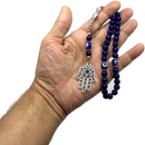 Handmade Special Evil Eye Beaded Collection Worry Beads - Prayer Beads Tesbih-Tasbih-Tasbeeh-Misbaha-Masbaha-Subha-Rosary (Lapis Lazuli -8 mm 33 Beads- Natural Stone & Evil Eye Hamsa Tassel)