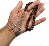 Big Prayer Beads-Worry Beads-Tesbih-Tasbih-Tasbeeh-Misbaha-Masbaha-Subha-Sebha-Sibha-Rosary (-Tiger Eye Natural Stone with Metal Tassel -10mm-33 Beads-)