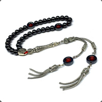 ALBATROSART Design - Long & Stylist Tassels Worry Beads - Prayer Beads (8 mm-33 Beads) Tesbih-Tasbih-Tasbeeh-Misbaha-Subha-Sebha-Sibha-Rosary (Hematite with Red Agate)