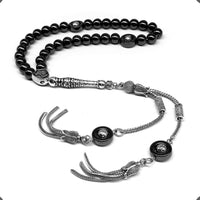 ALBATROSART Design - Long & Stylist Tassels Worry Beads - Prayer Beads (8 mm-33 Beads) Tesbih-Tasbih-Tasbeeh-Misbaha-Subha-Sebha-Sibha-Rosary (Black Hematite - Silver Plated)