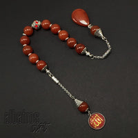 Zaza Stress Worry Beads-Prayer Beads-Tesbih-Tasbih-Tasbeeh-Misbaha-Masbaha-Subha-Rosary (-Red Agate Natural Stone (12 mm) Beads and Allah Pattern-)