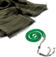 ALBATROSART -99 Beads with Scarf -Prayer Beads-Worry Beads-Tesbih-Tasbih-Tasbeeh-Misbaha-Subha-Sibha-Rosary (Natural Green Jade -6 mm- Beads & Green Shawl)