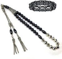 ALBATROSART Design - Long & Stylist Tassels Worry Beads - Prayer Beads (8 mm-33 Beads) Tesbih-Tasbih-Tasbeeh-Misbaha-Subha-Sebha-Sibha-Rosary (Non-Magnetic Faceted Hematite 8mm 33 Beads - Gold Tassel)