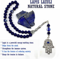 Evil Eye Collection Bracelet -Necklace - Keychain - Worry Beads - Prayer Beads -Komboloi - Begleri - Shawl - Hamsa (Lapis Lazuli Natural Stone & Evil Eye Hamsa Tassel -8 mm 33 Beads-)