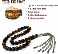 Big Prayer Beads-Worry Beads-Tesbih-Tasbih-Tasbeeh-Misbaha-Masbaha-Subha-Sebha-Sibha-Rosary (-Tiger Eye Natural Stone with Metal Tassel -10mm-33 Beads-)