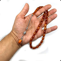 -FIRE Amber Collection- Prayer Beads-Worry Beads-Tesbih-Tasbih-Misbaha-Masbaha-Rosary (Dark Yellow Wavy Transparent -11x8 mm-33 Bakelite Beads)