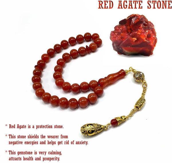 ALBATROSART -Luxury Collection- Prayer Beads-Worry Beads-Tesbih-Tasbih-Tasbeeh-Misbaha-Masbaha-Subha-Sebha-Sibha-Rosary (Red Agate - Gold Drop (10 mm 33 Beads)