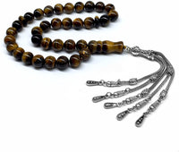 Big Prayer Beads-Worry Beads-Tesbih-Tasbih-Tasbeeh-Misbaha-Masbaha-Subha-Sebha-Sibha-Rosary (-Tiger Eye Natural Stone with Metal Tassel -10mm-33 Beads-)