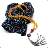 ALBATROSART -99 Beads with Scarf -Prayer Beads-Worry Beads-Tesbih-Tasbih-Tasbeeh-Misbaha-Subha-Sibha-Rosary (Leopar Shawl & Synthetic Golden -8 mm- Beads -Allah Tassel)