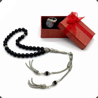 ALBATROSART -Black Agate Stone -8 mm -33 Beads - Worry Beads with Matching Stretch Ring - Elastic Ring with Replaceable Snap Button -Tesbih-Tasbih-Misbaha-Subha-Sibha-Rosary