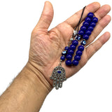 Greek KOMBOLOI Series Worry Beads Begleri Pony Anxiety Beads Rosary Relaxation Stress Relief  (Navy Blue Resin & Evil Eye Drum -13X9 mm- 19 Big Beads and Hamsa Tassel)