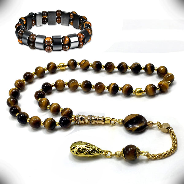 ALBATROSART Design -Tiger Eye Stone Series Worry Beads - Prayer Beads (8 mm-33 Beads) Tesbih-Tasbih-Tasbeeh-Misbaha-Masbaha-Subha-Sebha-Sibha-Rosary (Orient Gold Tassel and Tiger Eye Bracelet)