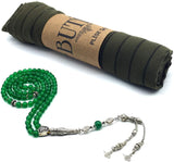 ALBATROSART -99 Beads with Scarf -Prayer Beads-Worry Beads-Tesbih-Tasbih-Tasbeeh-Misbaha-Subha-Sibha-Rosary (Natural Green Jade -6 mm- Beads & Green Shawl)