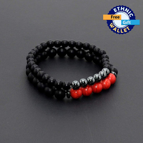 Elegant New Bracelet Series: Black Matte Onyx / Red Howlite Stone Bracelet Set (ETHNIC WALLET GIFT)
