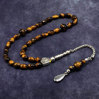 ALBATROSART Design -Tiger Eye Stone Series Worry Beads - Prayer Beads (8 mm-33 Beads) Tesbih-Tasbih-Tasbeeh-Misbaha-Masbaha-Subha-Sebha-Sibha-Rosary (-Oval Cut Drop Model 6x9 mm-)